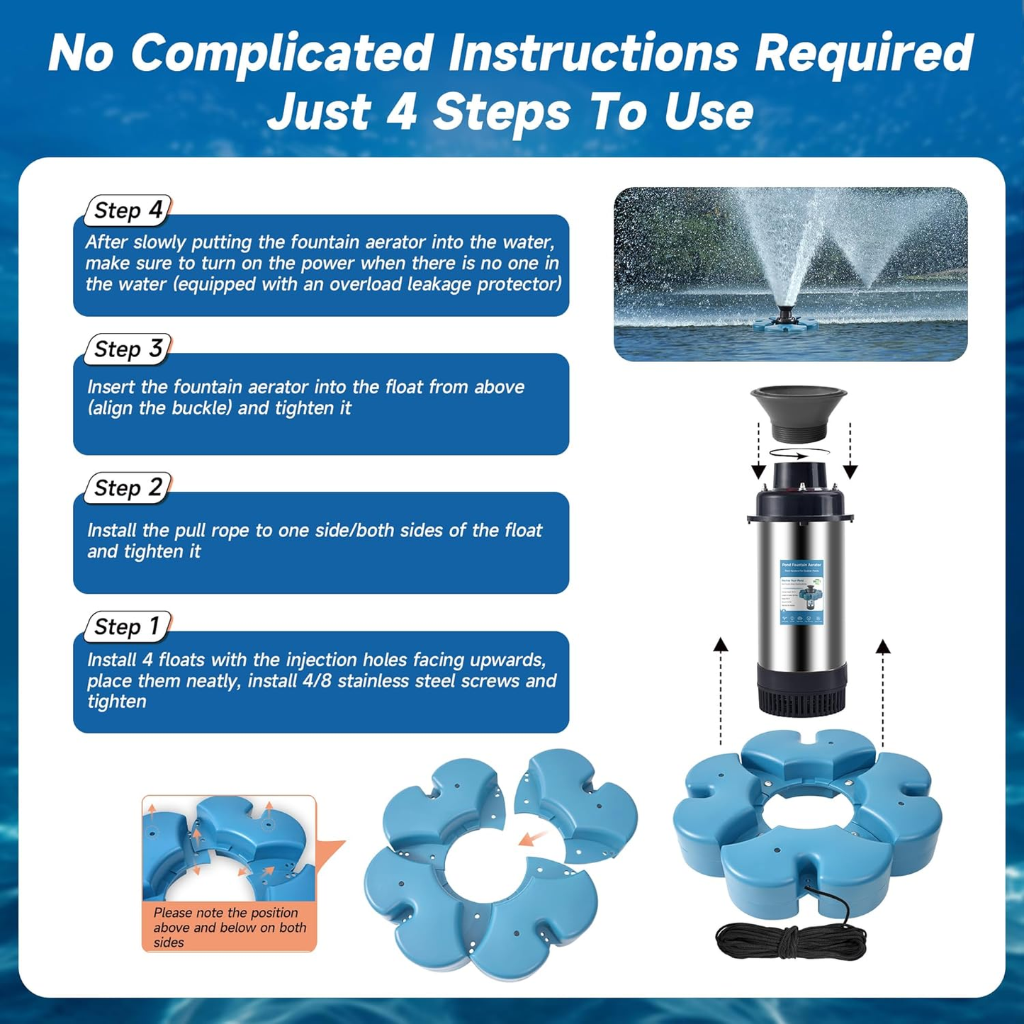 B-Type.RELIY Pond Fountain, 1HP 110V 15000 GPH Fountain Pump, Fully Automatic Powerful Lake Floating Fountain, 100 FT Power Cord, 2x100 FT Traction Rope, (Stainless steel+Time switch)