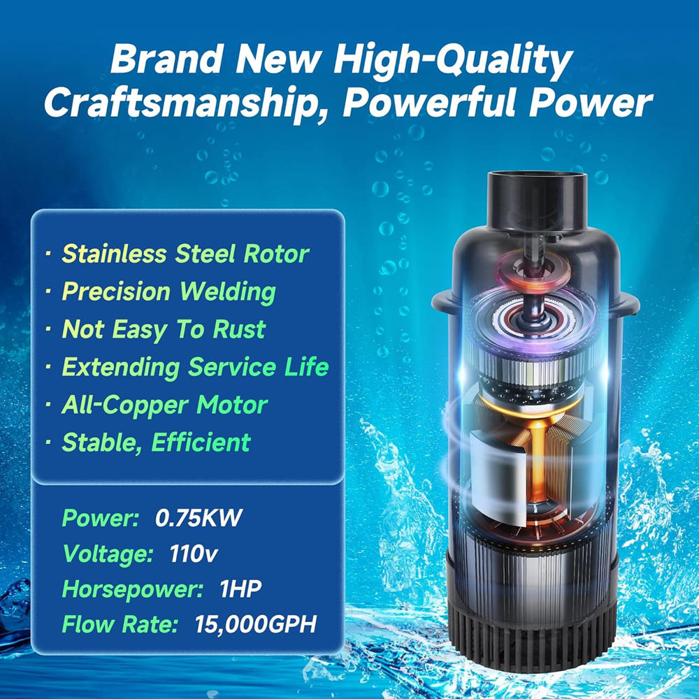 A-Type.RELIY Pond Fountain , 1HP 110V 15000 GPH Fountain Pump, Fully Automatic Powerful Lake Floating Fountain, 100 FT Power Cord, 2x100 FT Traction Rope, for Small & Large Ponds & Lakes
