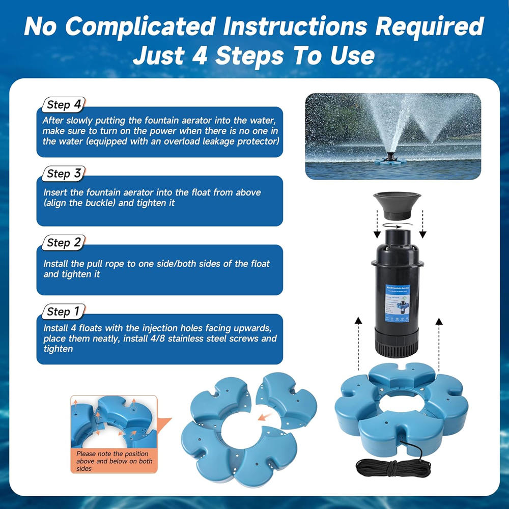 A-Type.RELIY Pond Fountain , 1HP 110V 15000 GPH Fountain Pump, Fully Automatic Powerful Lake Floating Fountain, 100 FT Power Cord, 2x100 FT Traction Rope, for Small & Large Ponds & Lakes