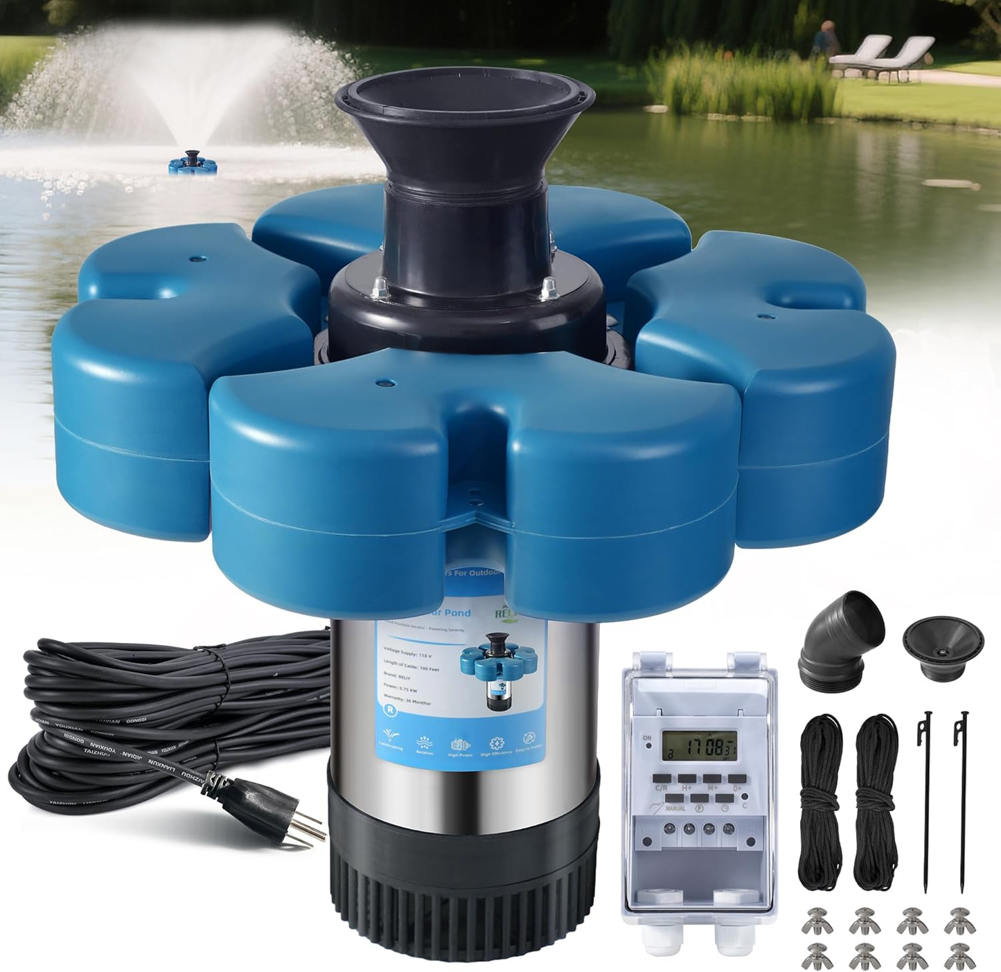 B-Type.RELIY Pond Fountain, 1HP 110V 15000 GPH Fountain Pump, Fully Automatic Powerful Lake Floating Fountain, 100 FT Power Cord, 2x100 FT Traction Rope, (Stainless steel+Time switch)