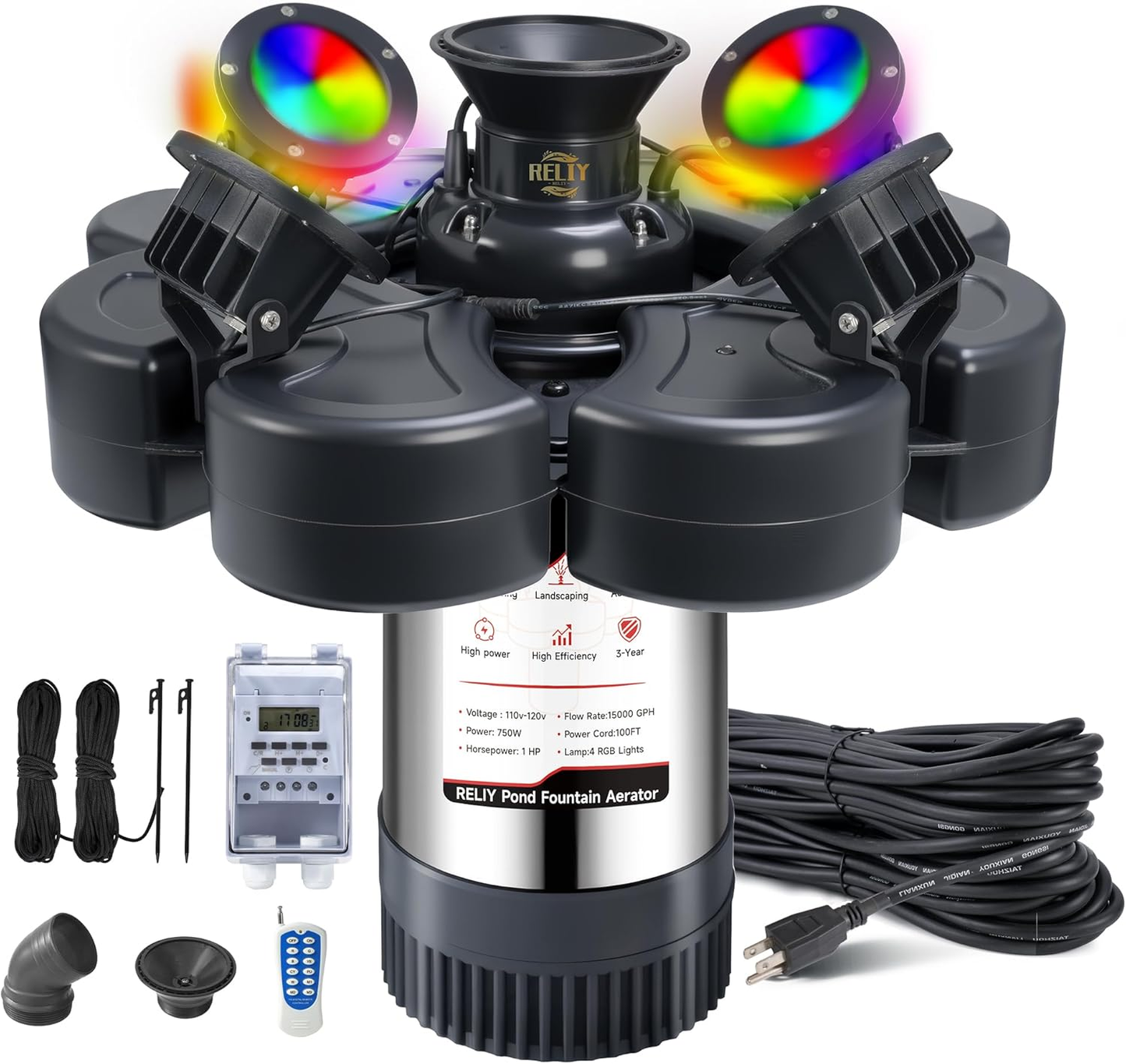 E-Type.RELIY Pond Fountain, With 4 RGB Lights 1HP 110V 15000 GPH Stainless Steel Fountain Pump, Fully Automatic Powerful Lake Floating Fountain, 100 FT Power Cord, Programmable Timer Switch