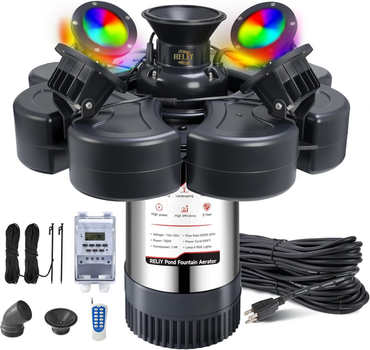 E-Type.RELIY Pond Fountain, With 4 RGB Lights 1HP 110V 15000 GPH Stainless Steel Fountain Pump, Fully Automatic Powerful Lake Floating Fountain, 100 FT Power Cord, Programmable Timer Switch