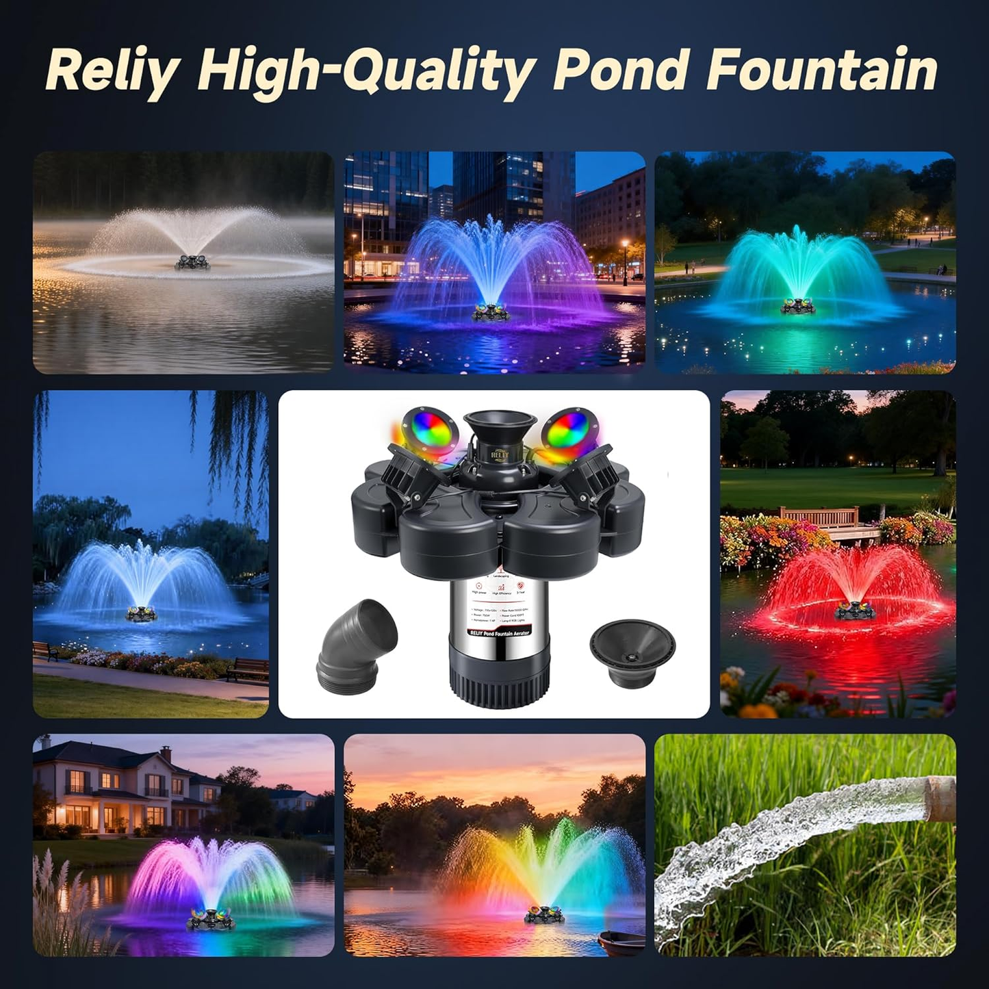 E-Type.RELIY Pond Fountain, With 4 RGB Lights 1HP 110V 15000 GPH Stainless Steel Fountain Pump, Fully Automatic Powerful Lake Floating Fountain, 100 FT Power Cord, Programmable Timer Switch