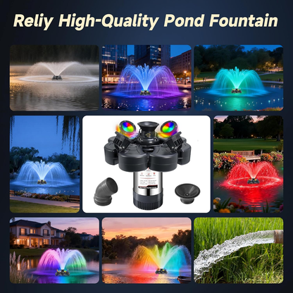 E-Type.RELIY Pond Fountain, With 4 RGB Lights 1HP 110V 15000 GPH Stainless Steel Fountain Pump, Fully Automatic Powerful Lake Floating Fountain, 100 FT Power Cord, Programmable Timer Switch