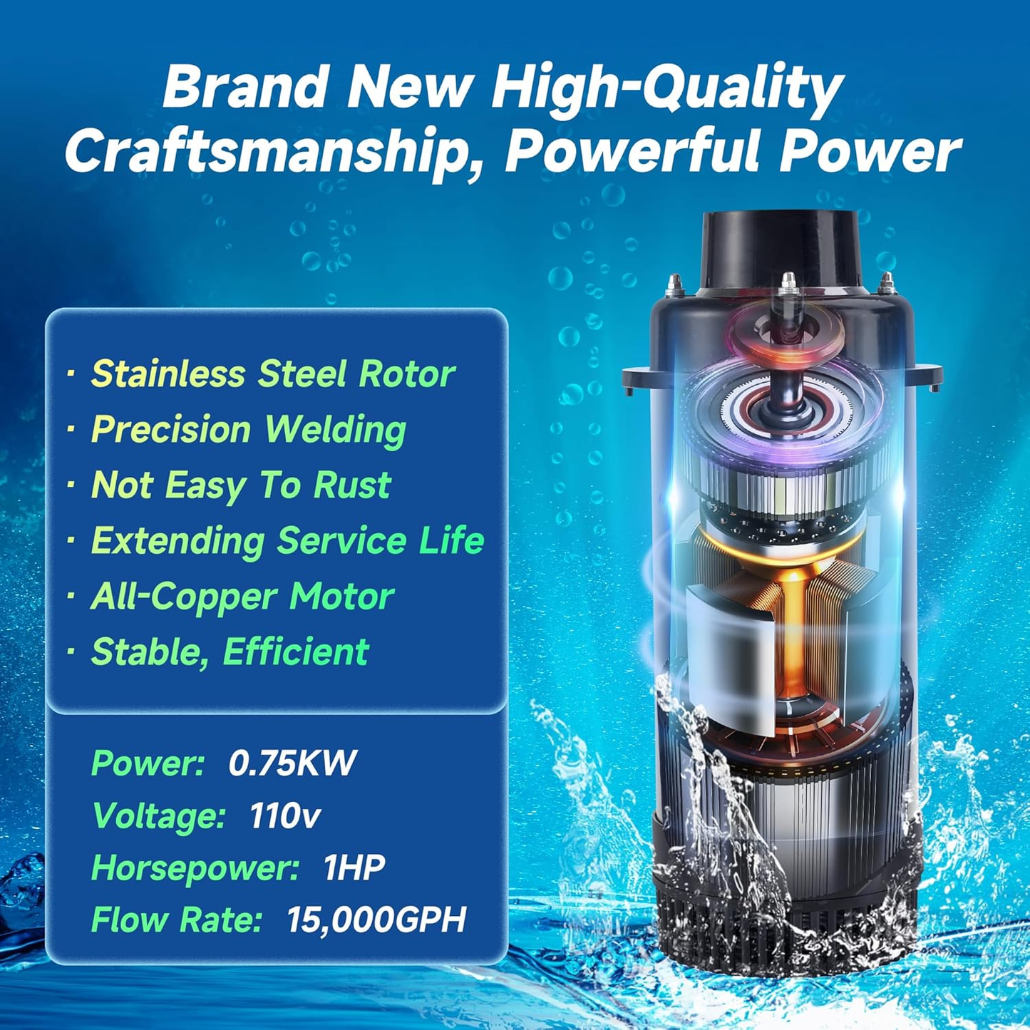 B-Type.RELIY Pond Fountain, 1HP 110V 15000 GPH Fountain Pump, Fully Automatic Powerful Lake Floating Fountain, 100 FT Power Cord, 2x100 FT Traction Rope, (Stainless steel+Time switch)
