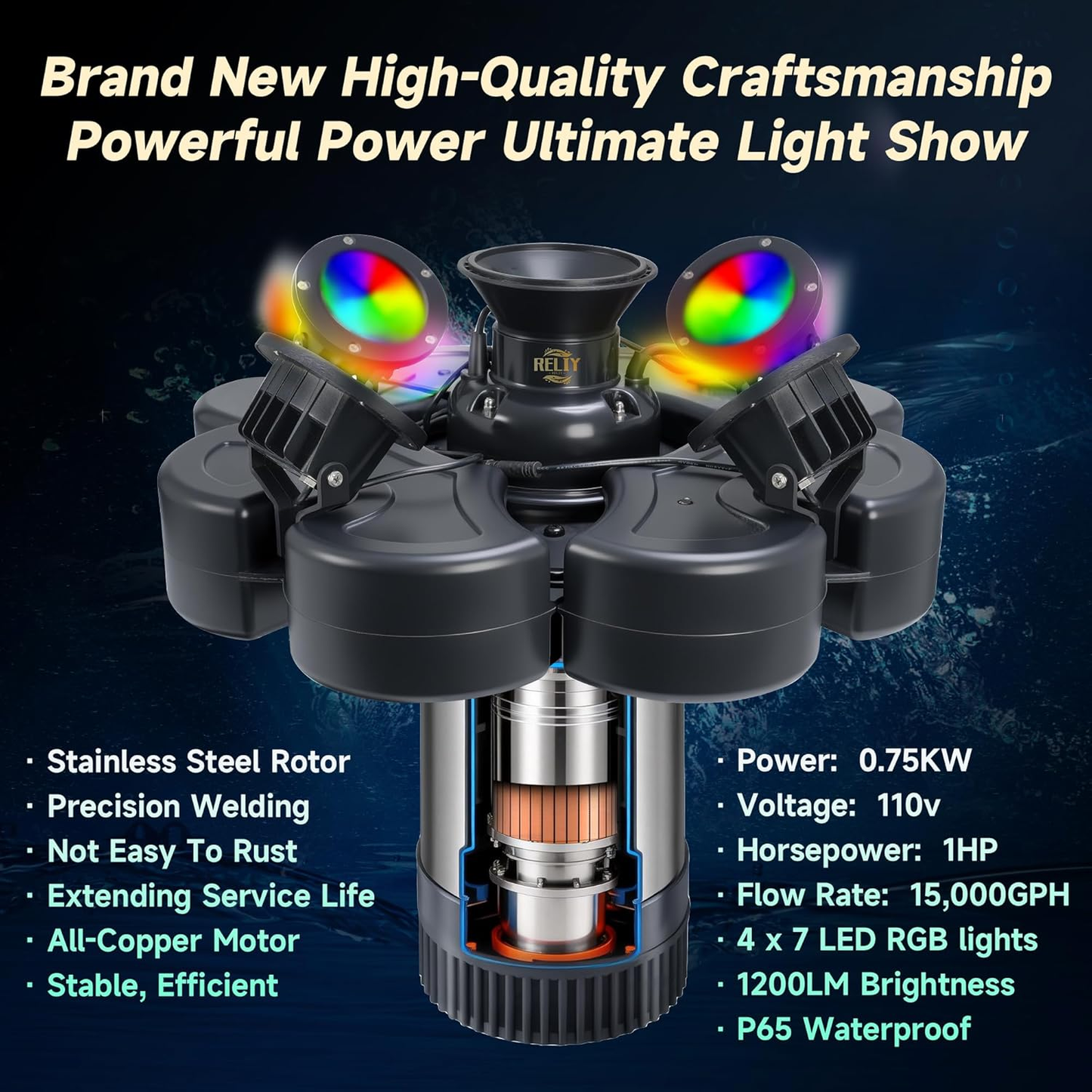 E-Type.RELIY Pond Fountain, With 4 RGB Lights 1HP 110V 15000 GPH Stainless Steel Fountain Pump, Fully Automatic Powerful Lake Floating Fountain, 100 FT Power Cord, Programmable Timer Switch
