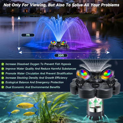 E-Type.RELIY Pond Fountain, With 4 RGB Lights 1HP 110V 15000 GPH Stainless Steel Fountain Pump, Fully Automatic Powerful Lake Floating Fountain, 100 FT Power Cord, Programmable Timer Switch