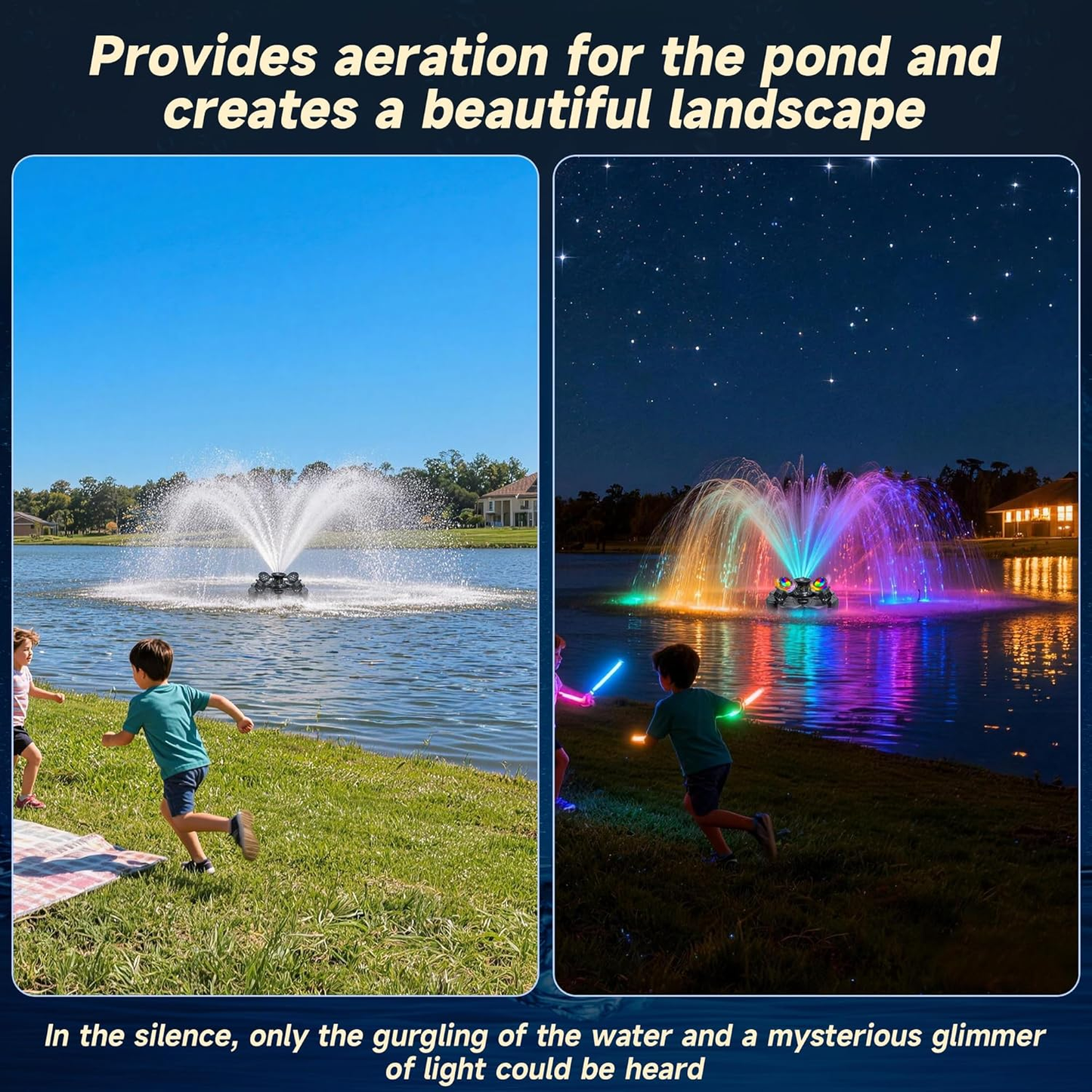 E-Type.RELIY Pond Fountain, With 4 RGB Lights 1HP 110V 15000 GPH Stainless Steel Fountain Pump, Fully Automatic Powerful Lake Floating Fountain, 100 FT Power Cord, Programmable Timer Switch