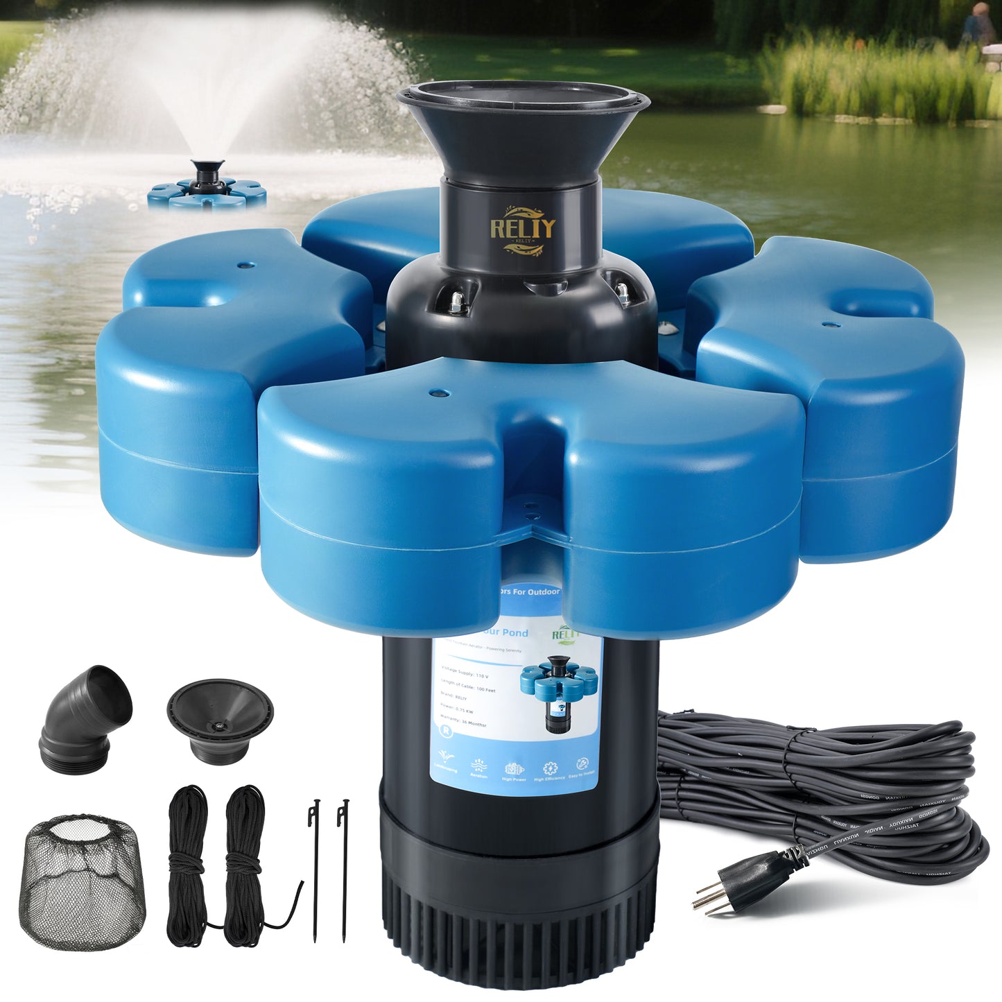 A-Type.RELIY Pond Fountain , 1HP 110V 15000 GPH Fountain Pump, Fully Automatic Powerful Lake Floating Fountain, 100 FT Power Cord, 2x100 FT Traction Rope, for Small & Large Ponds & Lakes
